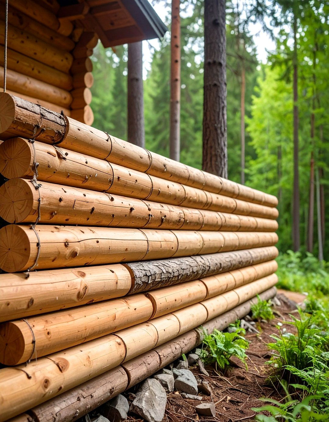 Rustic Log Wood Retaining Wall with Natural Character - 24 Wood Retaining Wall Ideas