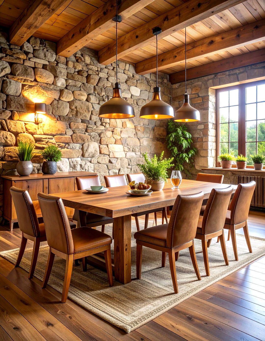 Rustic Masculine Dining Room with Stone Accent Wall - 24 masculine dining room ideas