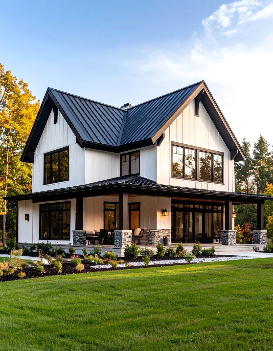 Rustic Modern White Board and Batten with Black Steel Elements - 24 Black and White House Exterior Ideas