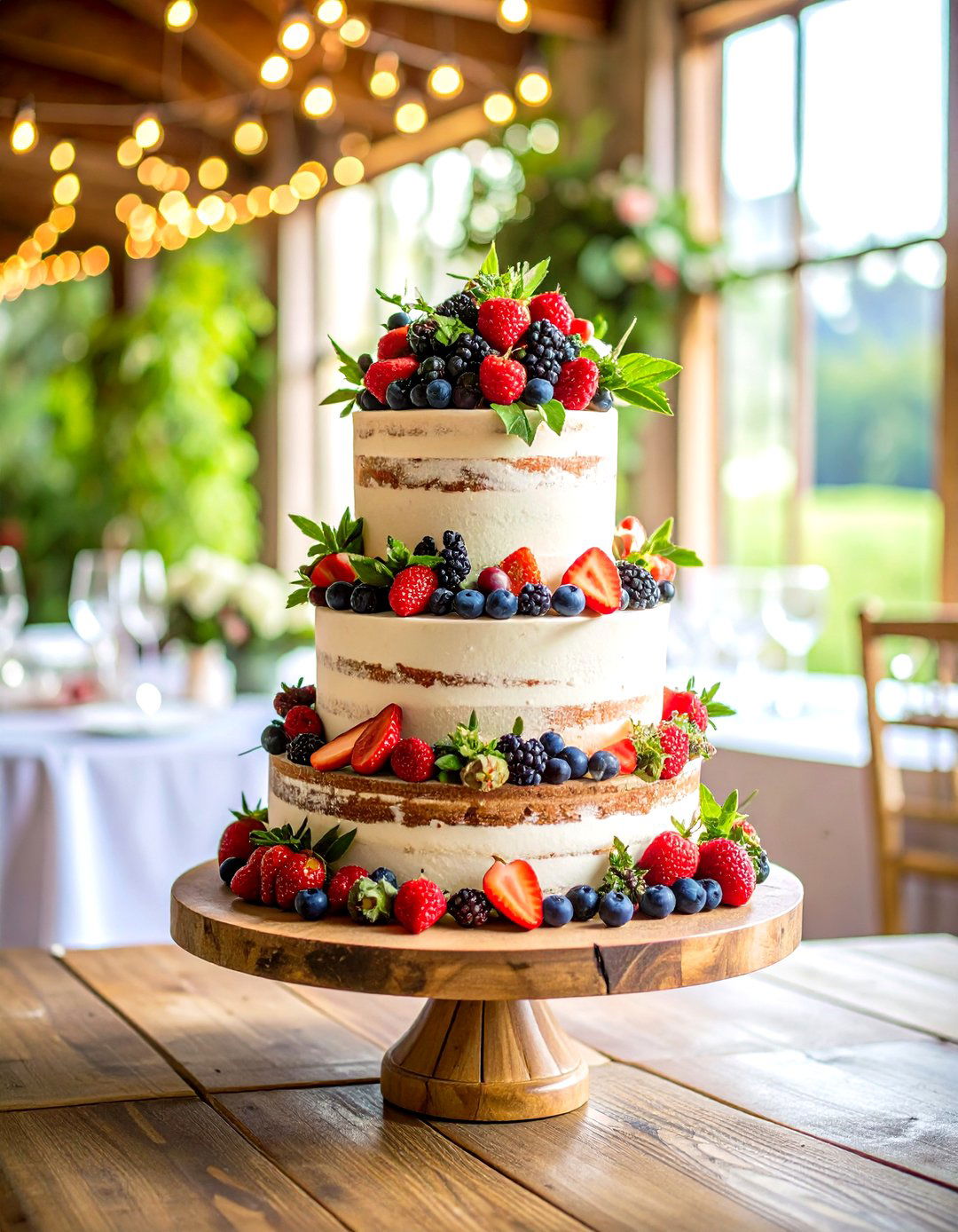 Rustic Naked Cake with Fresh Berry Cascades - 24 Naked and Semi-naked Wedding Cake Ideas