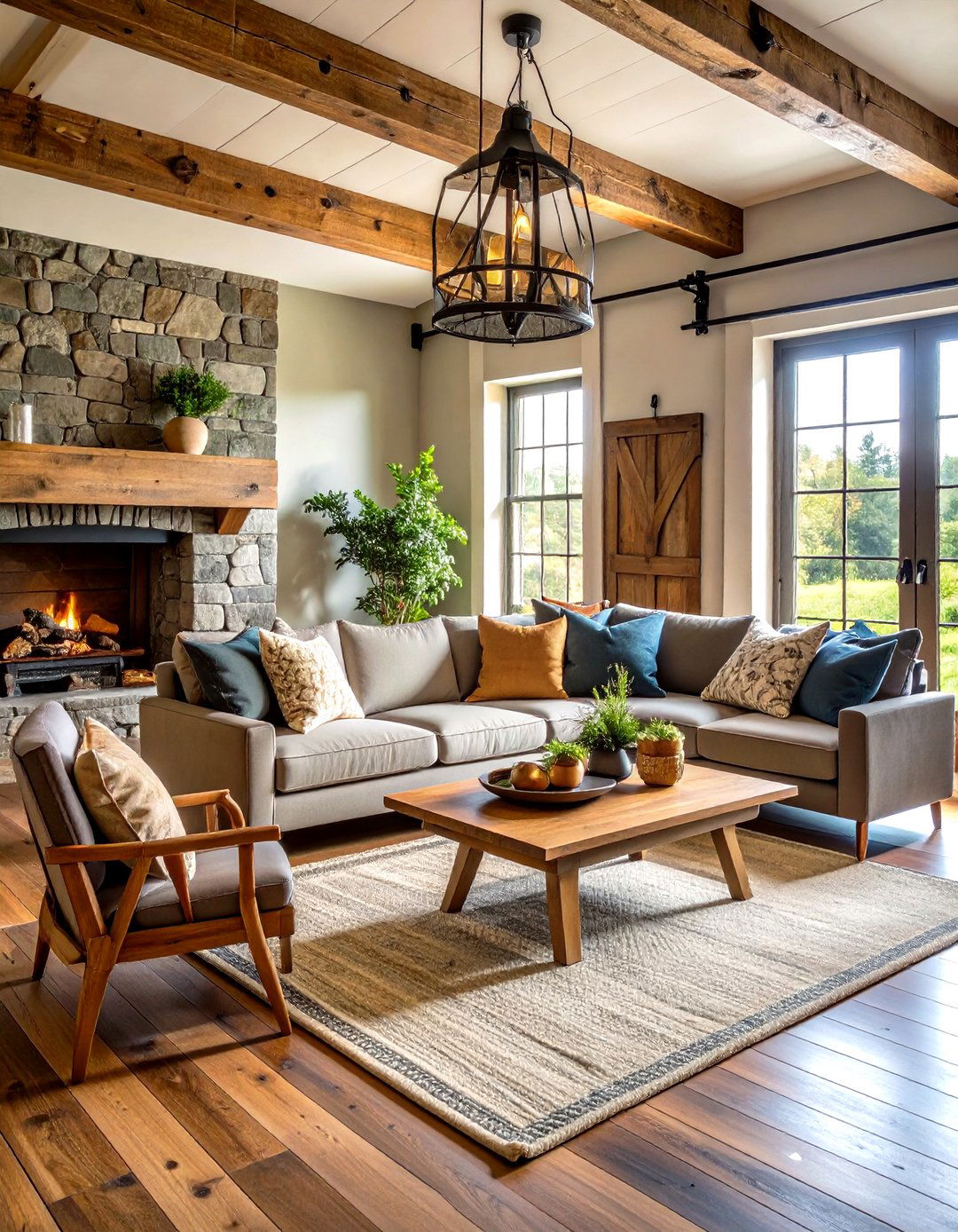 Rustic Navy Barn Door with Grey Stone Features - 24 Navy Blue and Grey Living Room Ideas