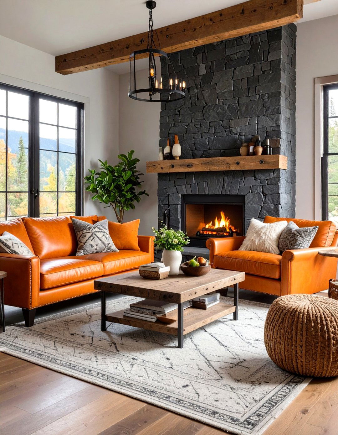 Rustic Orange and Grey Stone Living Room - 24 Orange and Grey Living Room Ideas