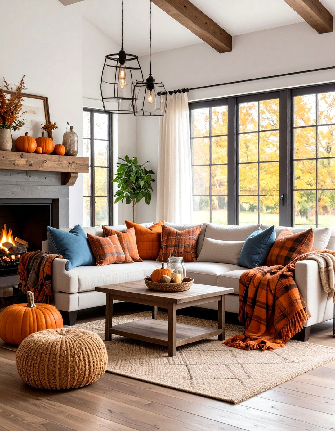 Rustic Pumpkin Orange and Charcoal Wood Living Room - 24 Black and Orange Living Room Ideas