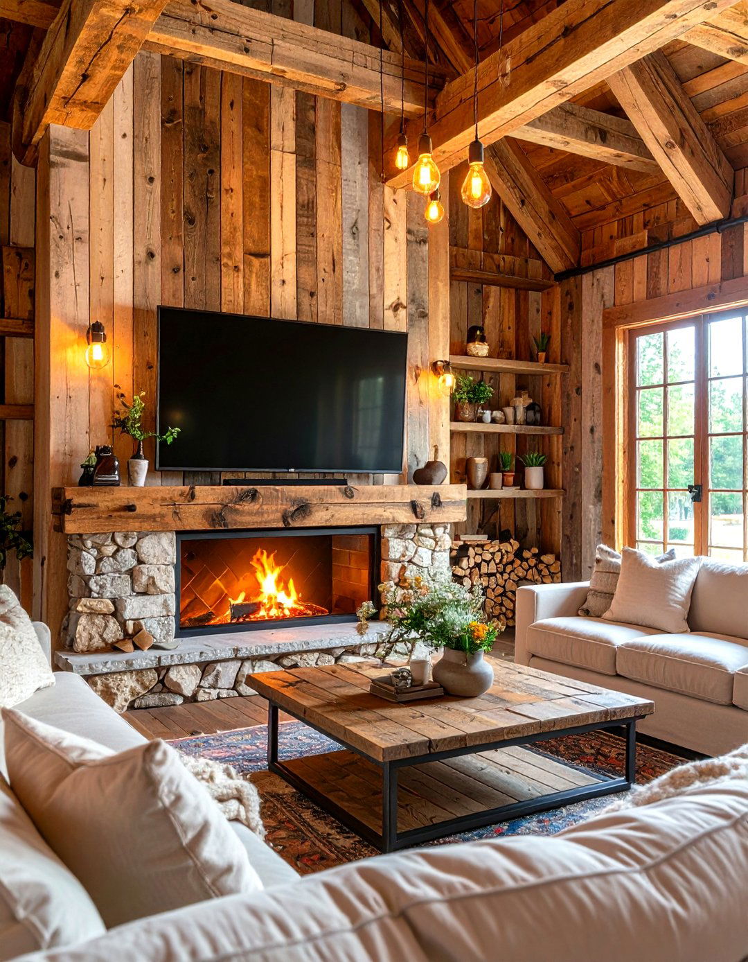 Rustic Reclaimed Wood TV Fireplace Wall - 24 Tv Over Fireplace Ideas
