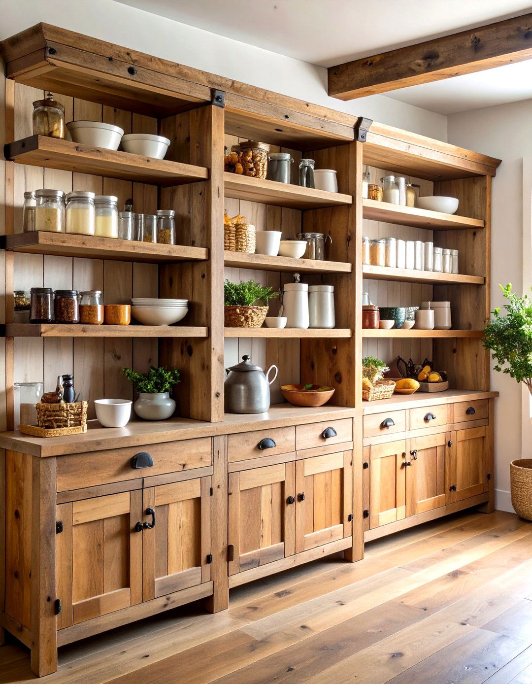 Rustic Reclaimed Wood with Vintage Hardware Accents - 24 Open Pantry Ideas