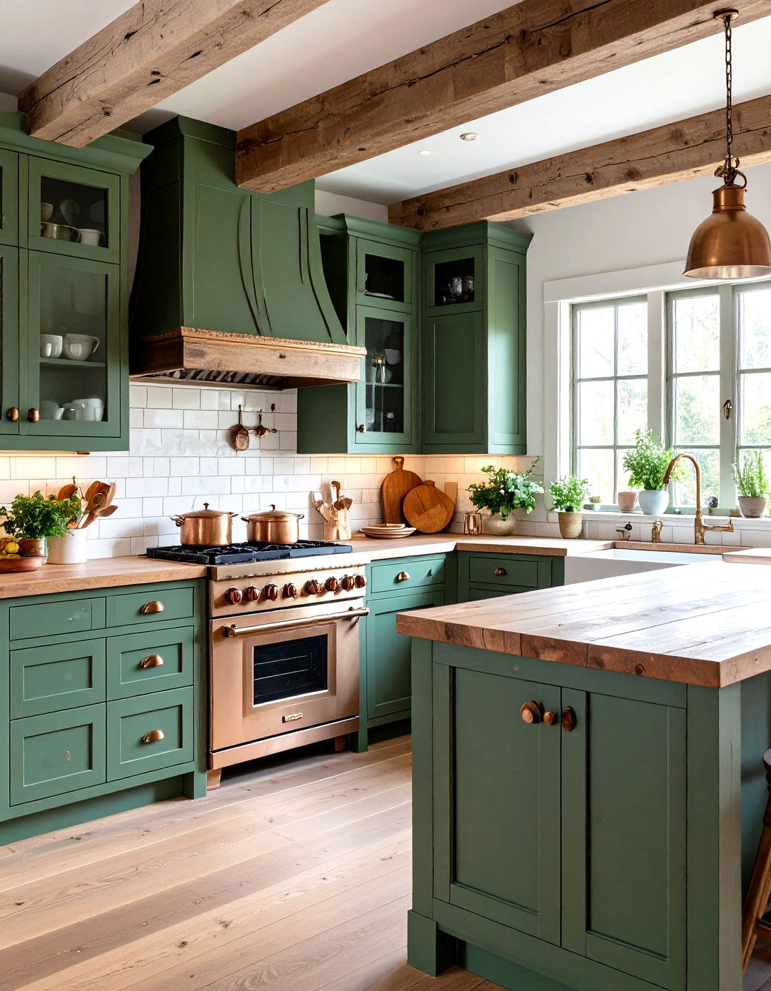 Rustic Sage Green Kitchen with Reclaimed Wood Elements - 24 Sage Green Kitchen Cabinets With Butcher Block Countertops