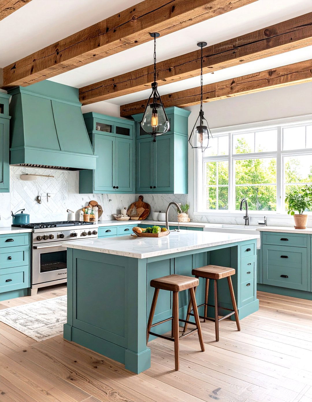 Rustic Seafoam Green Kitchen with Exposed Beams - 24 Seafoam Green Kitchen Ideas