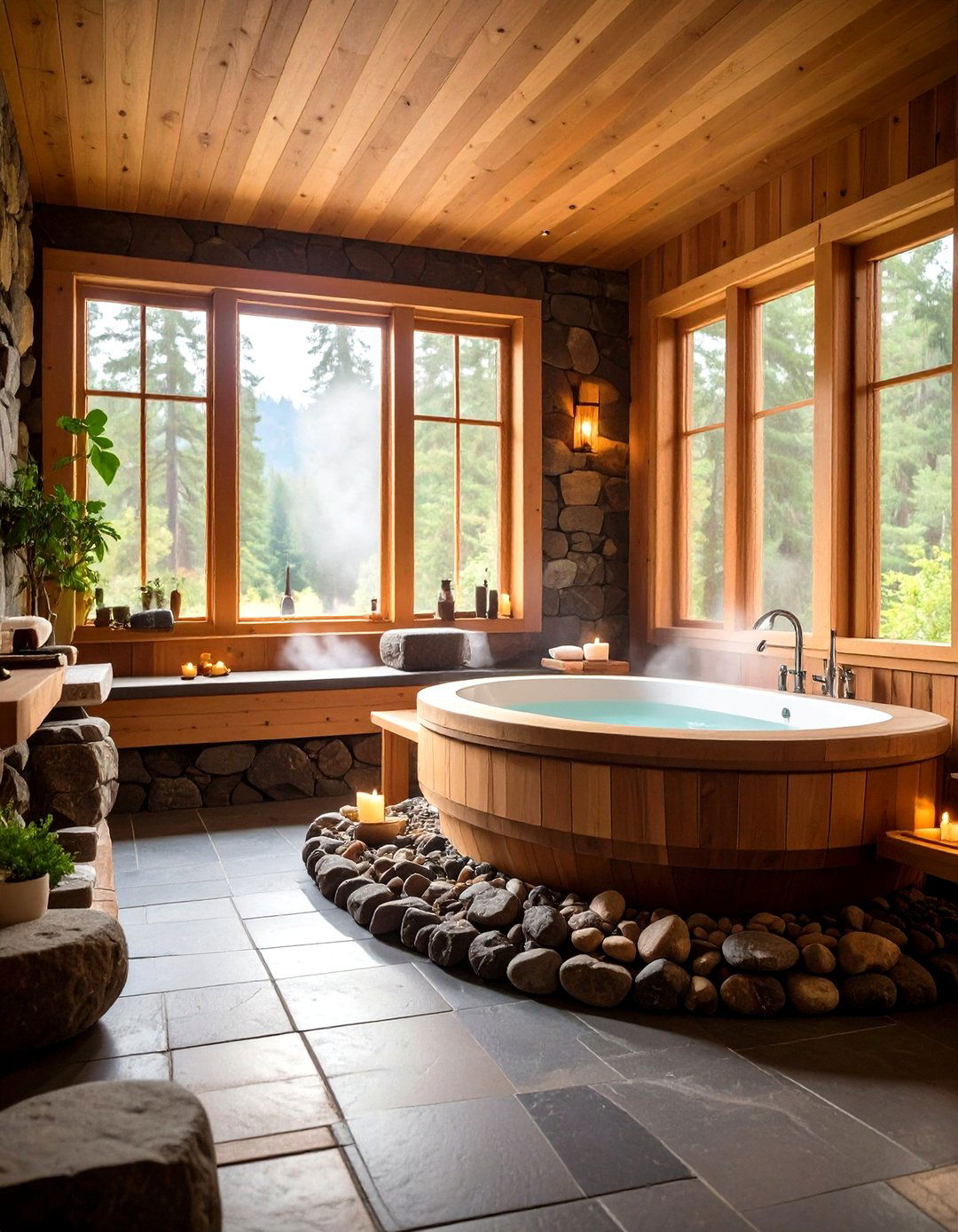 Rustic Spa with Heated Stone Features - 24 Log Cabin Bathroom Ideas