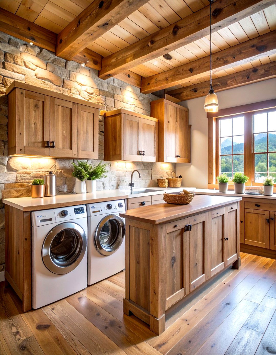 Rustic Stackable Laundry Cabin with Reclaimed Wood Features - 24 Stackable Laundry Room Ideas