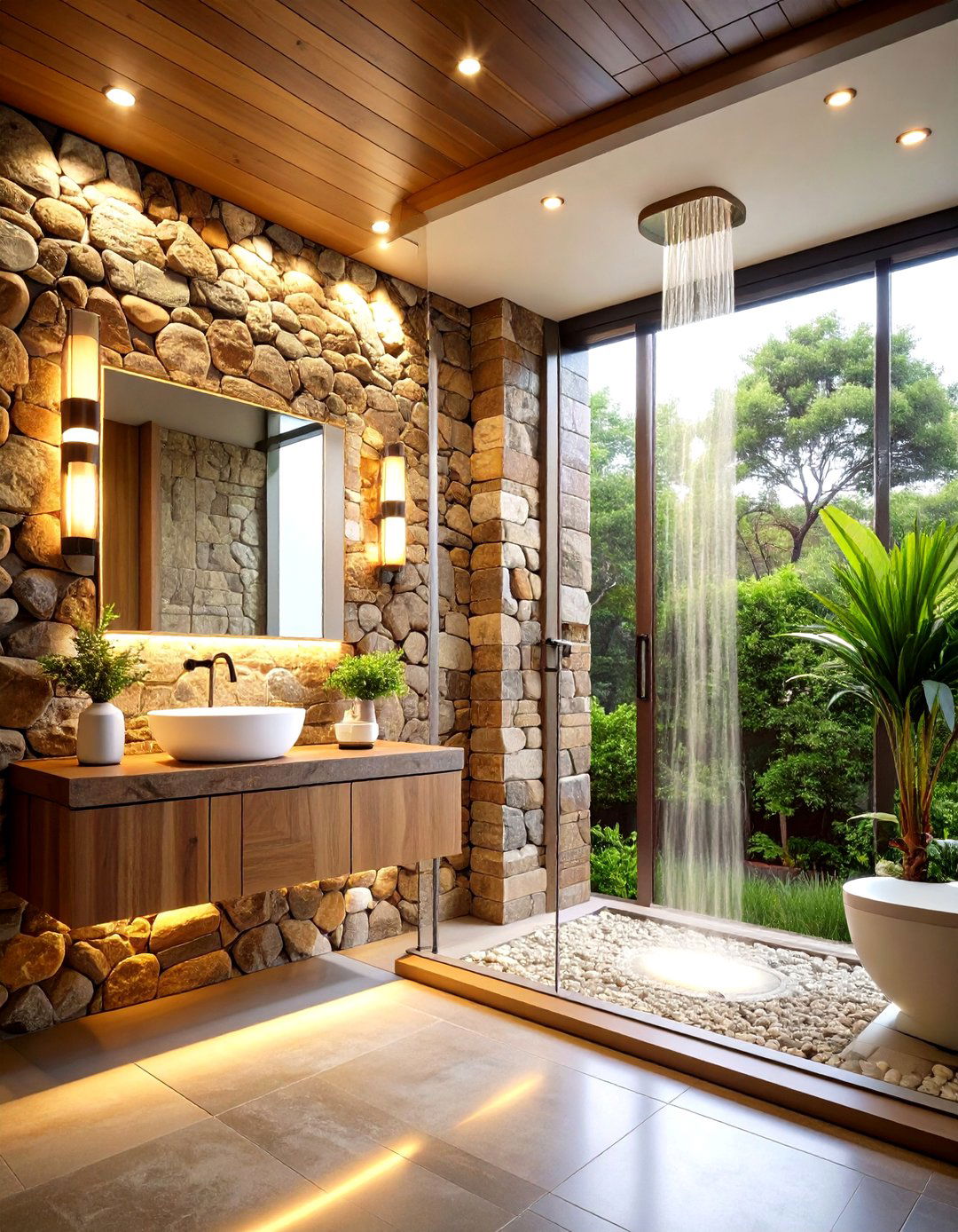 Rustic Stone Accent Wall Feature - 24 Small Bathroom Walk in Shower Ideas