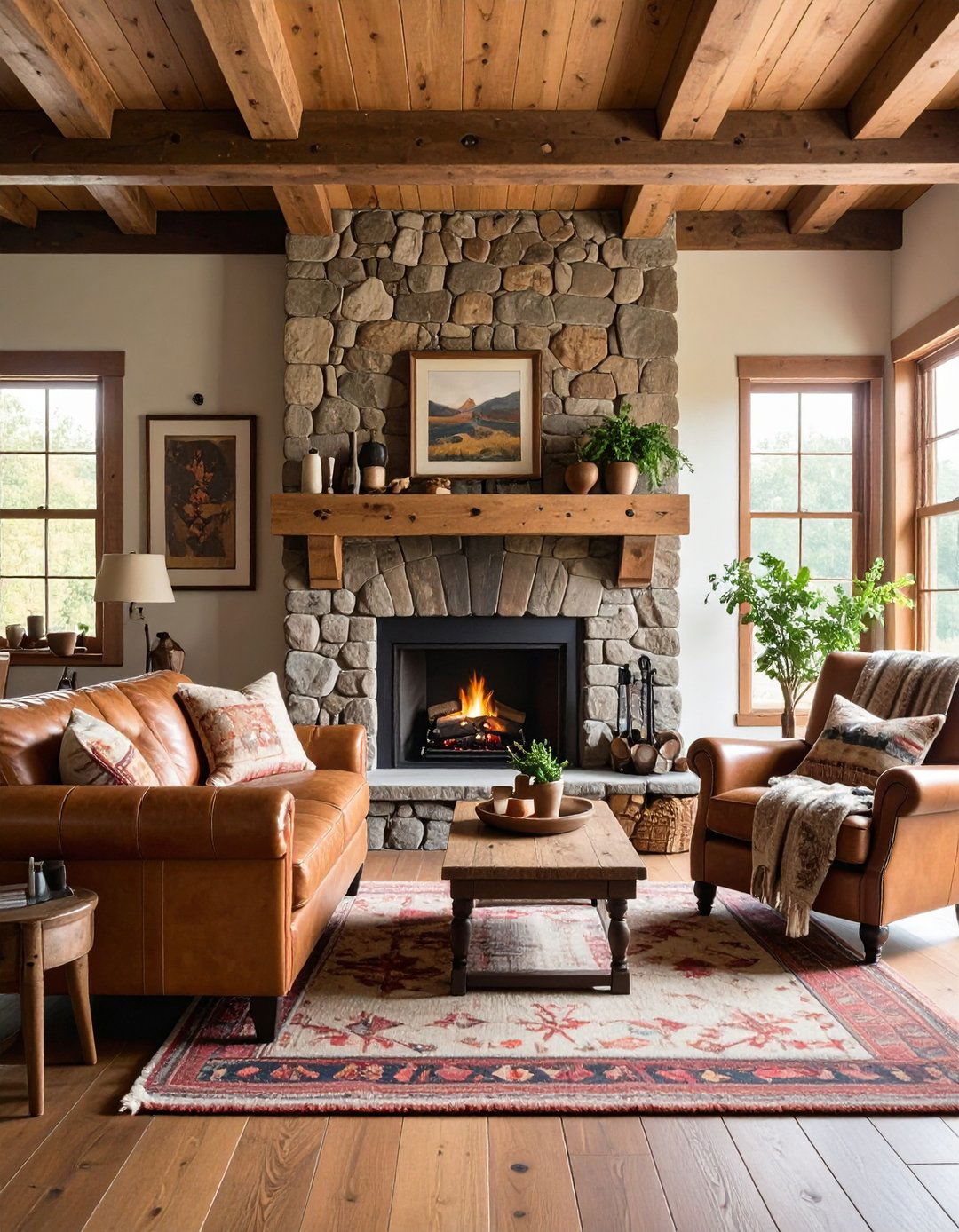 Rustic Stone Fireplace Living Area - 24 Primitive Living Room Ideas