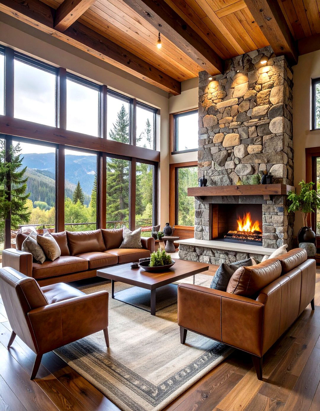 Rustic Stone Fireplace With Exposed Beam Ceiling - 24 Rooms With Fireplaces With Vaulted Ceilings Features