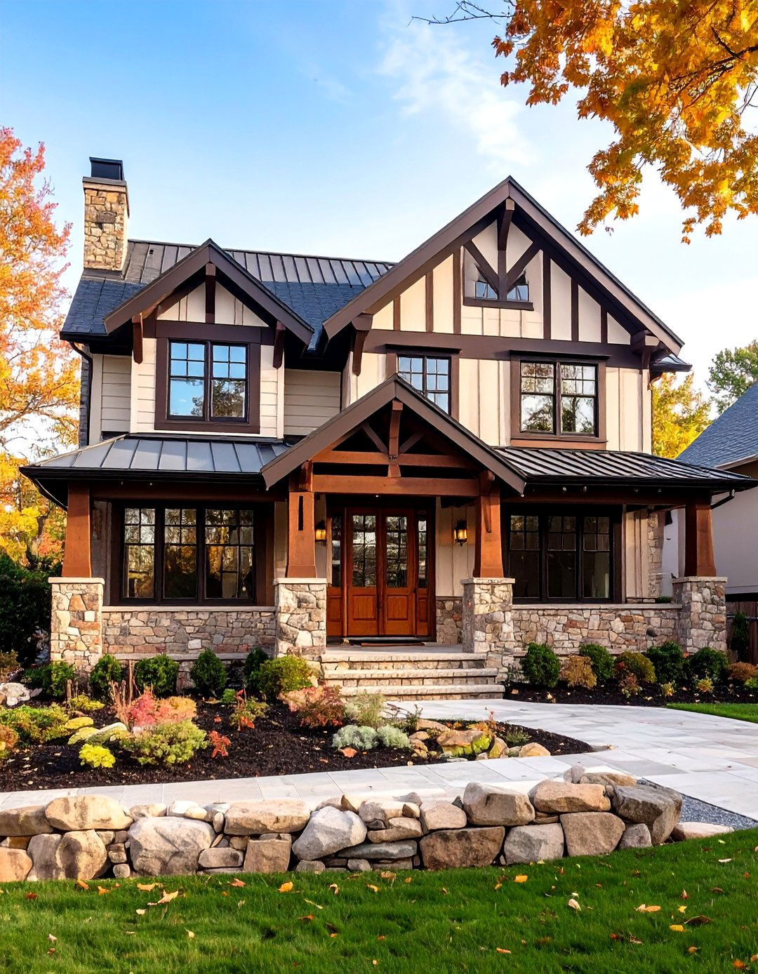 Rustic Stone Foundation with Cream Board and Batten - 24 Cream and Brown House Exterior Ideas