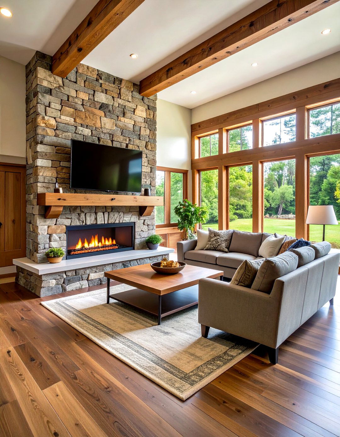 Rustic Stone Linear Fireplace with Wood Mantel - 24 Linear Fireplace Ideas With Tv Above