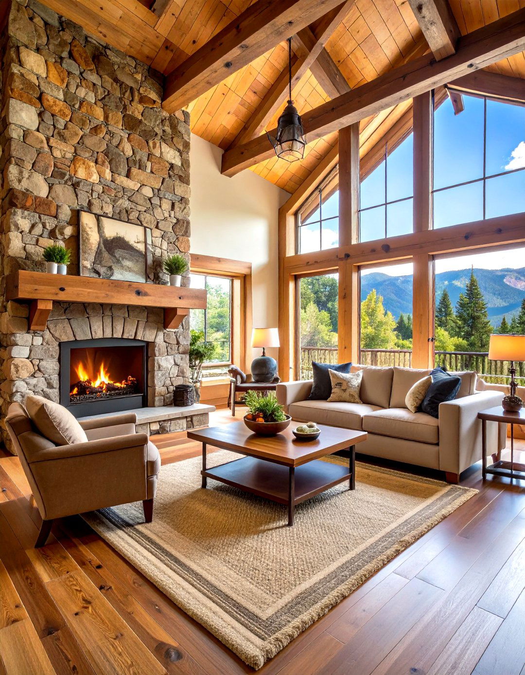 Rustic Stone and Timber Combination - 24 Open Concept Vaulted Ceiling Living Room Ideas
