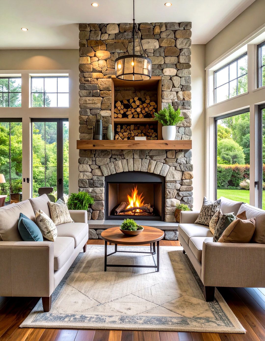 Rustic Stone with Built in Wood Storage - 24 French Country Fireplace Ideas