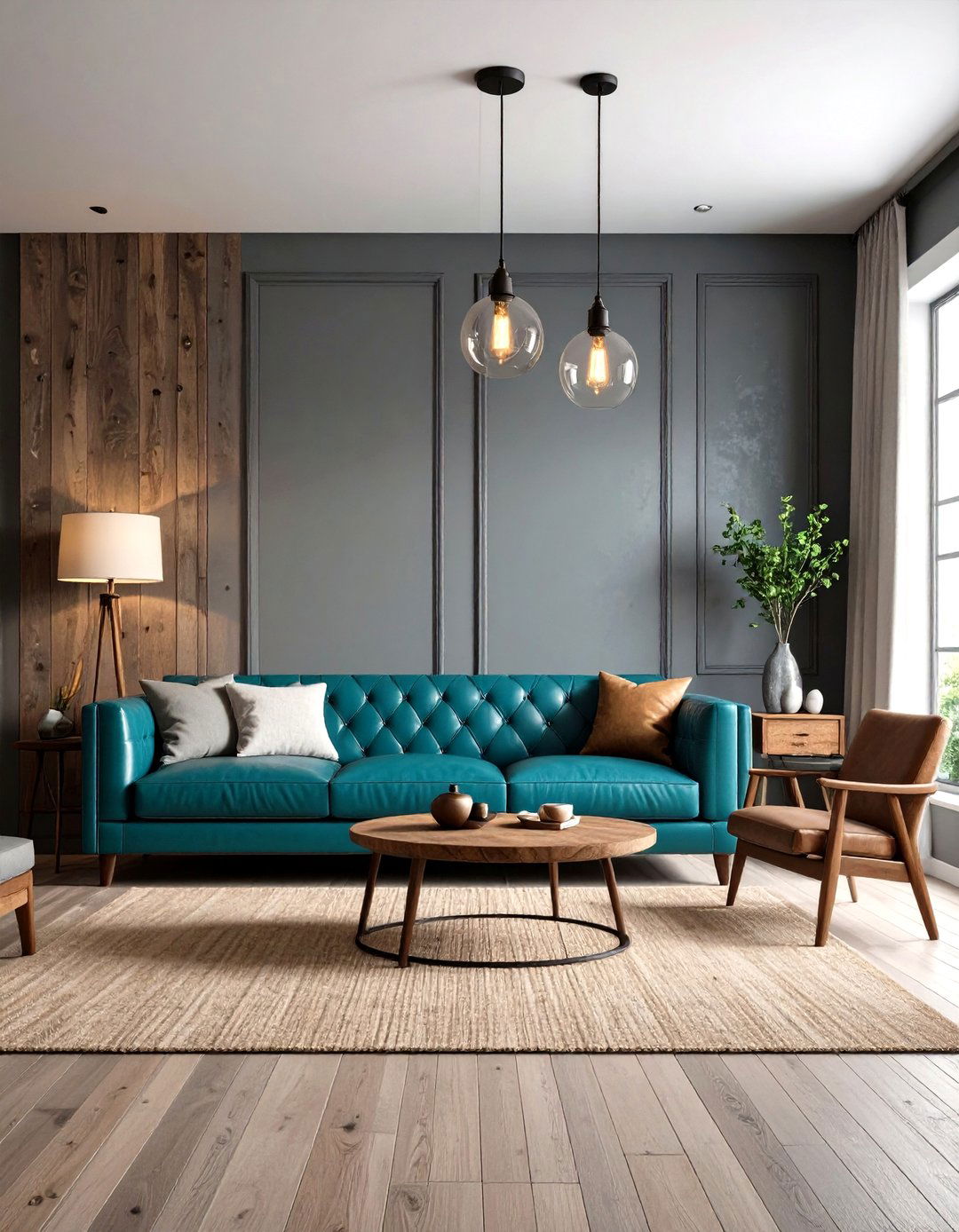 Rustic Teal Accent Wall with Reclaimed Grey Wood - 24 Teal and Grey Living Room Ideas