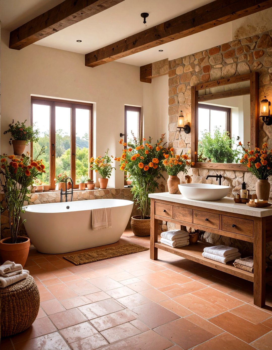 Rustic Terracotta Stone Combination - 24 Terracotta Bathroom Ideas