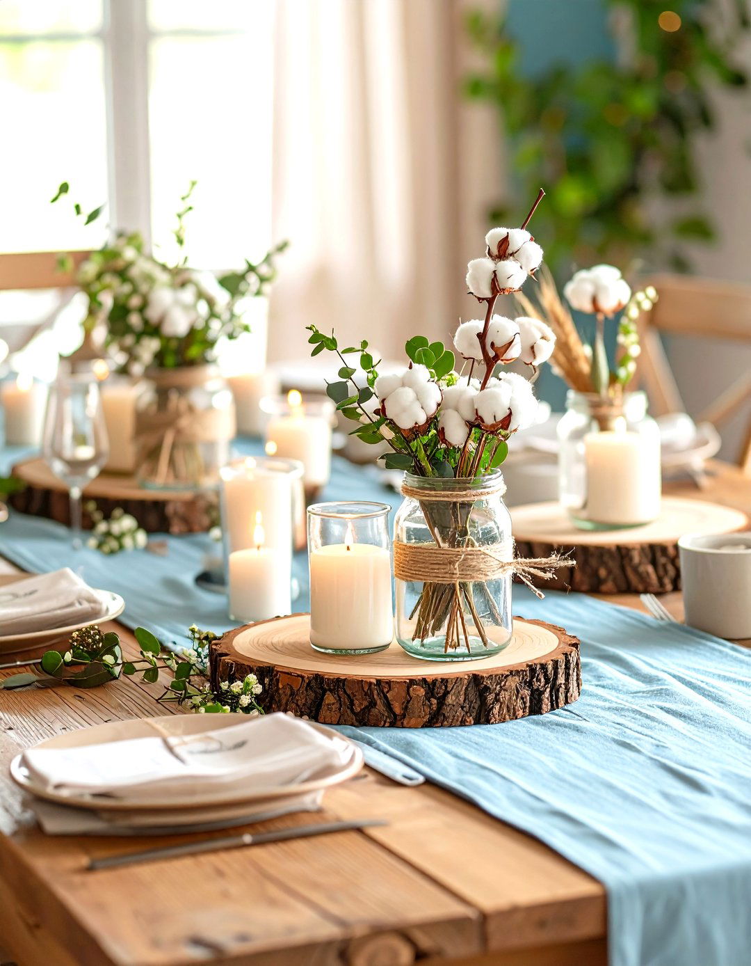Rustic Twine and Wood Slice Displays - 24 Mason Jar Centerpiece Ideas