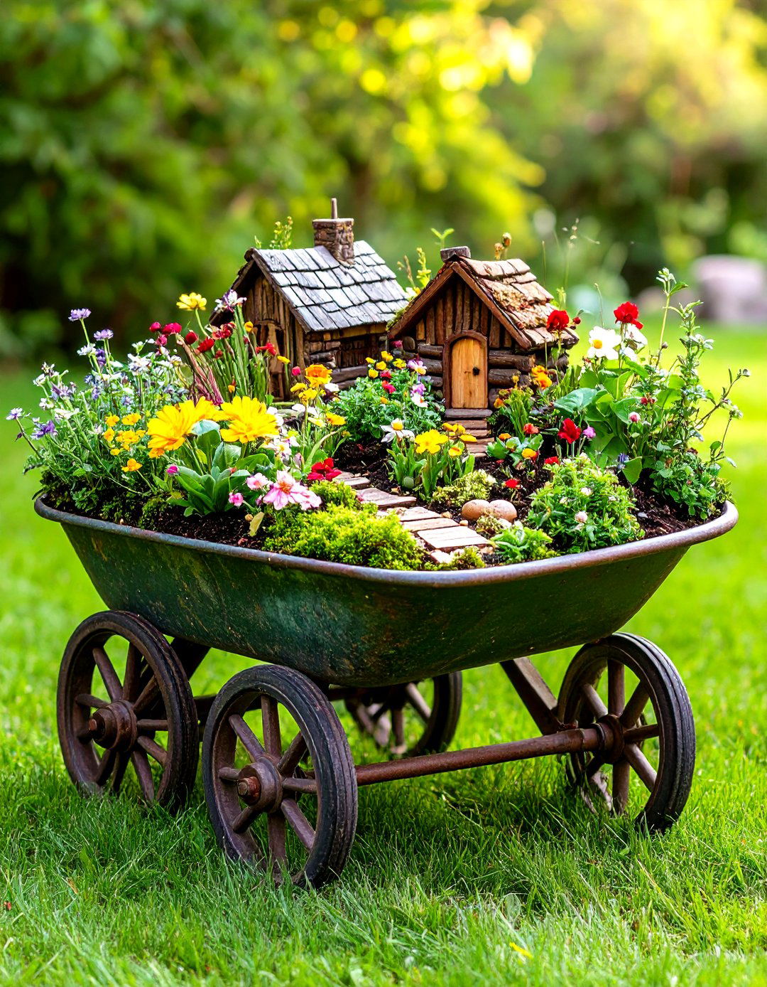 Rustic Wheelbarrow Fairy Village - 24 Fairy Garden Ideas