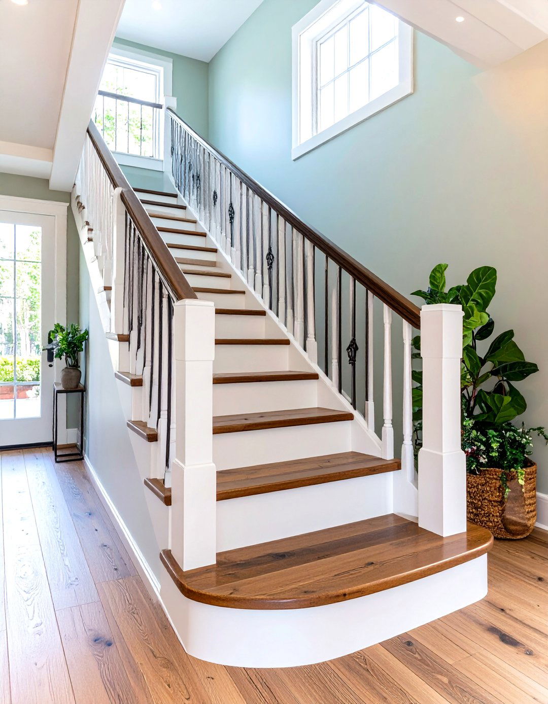 Rustic White Oak Staircase with Metal Spindles - 24 White Oak Staircase Ideas