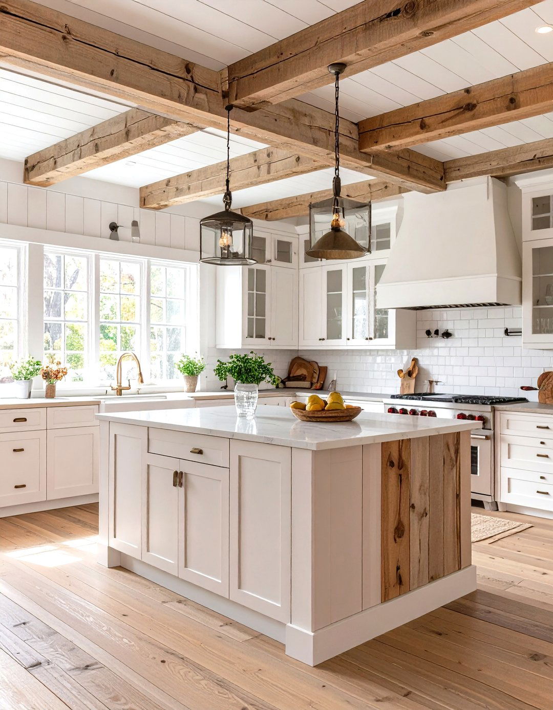 Rustic White and Gold Kitchen with Wood Beams - 24 White and Gold Kitchen Ideas