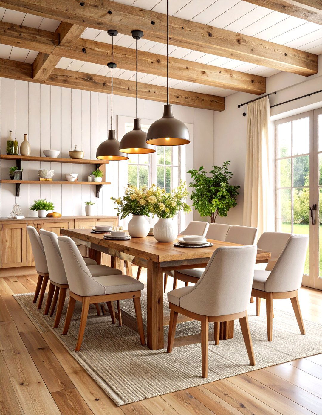 Rustic Wood Beam Ceiling with White Shiplap Walls - 24 Modern Farmhouse Dining Room Ideas