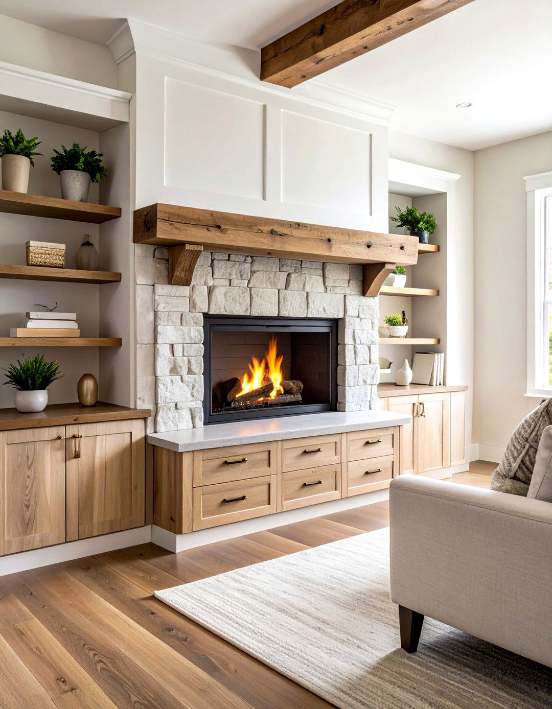 Rustic Wood Beam Floating Mantel with Storage Underneath - 24 Fireplace Floating Shelves Design Ideas