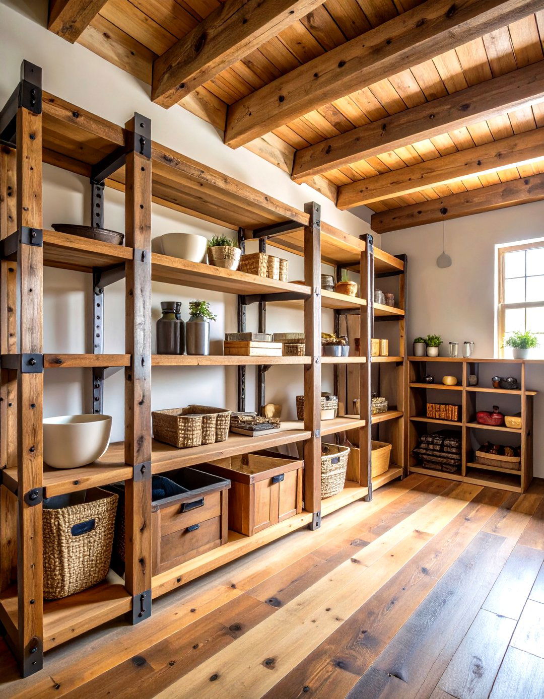 Rustic Wood Beam Shelving - 24 Pantry Shelving Ideas