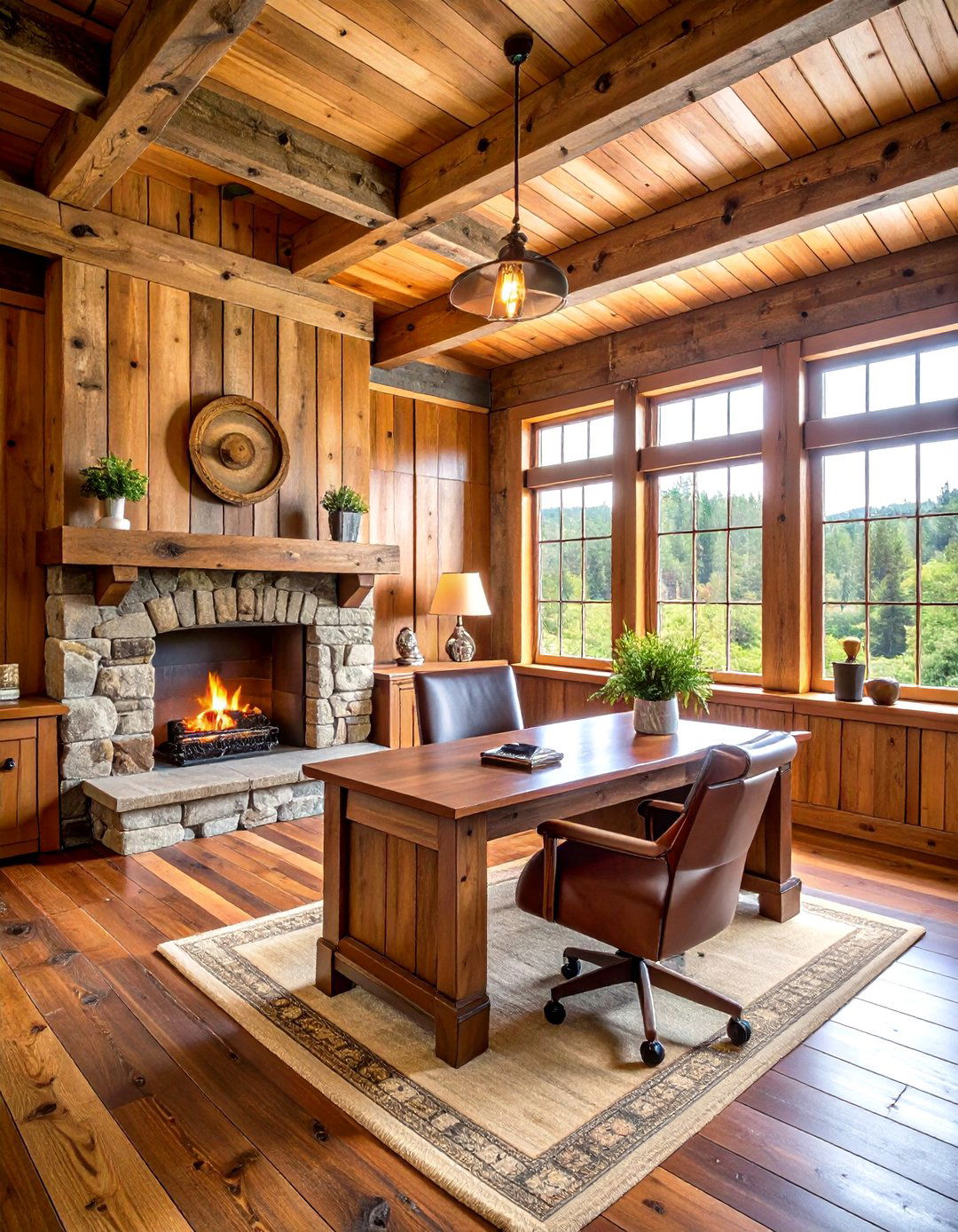 Rustic Wood Burning Office Retreat - 24 Home Office With Fireplace Ideas