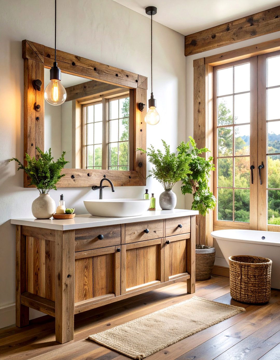 Rustic Wood Frame Mirror with Edison Bulb Vanity Bar - 24 Bathroom Mirror Ideas