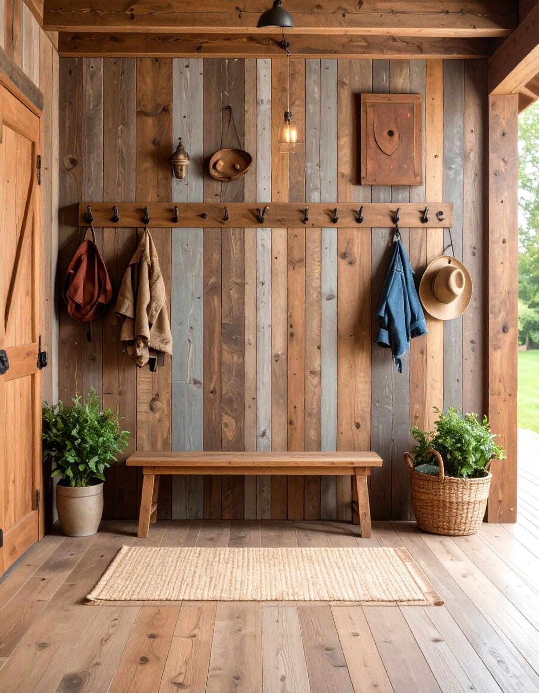 Rustic Wood Plank Feature Wall - 24 Farmhouse Entryway Ideas