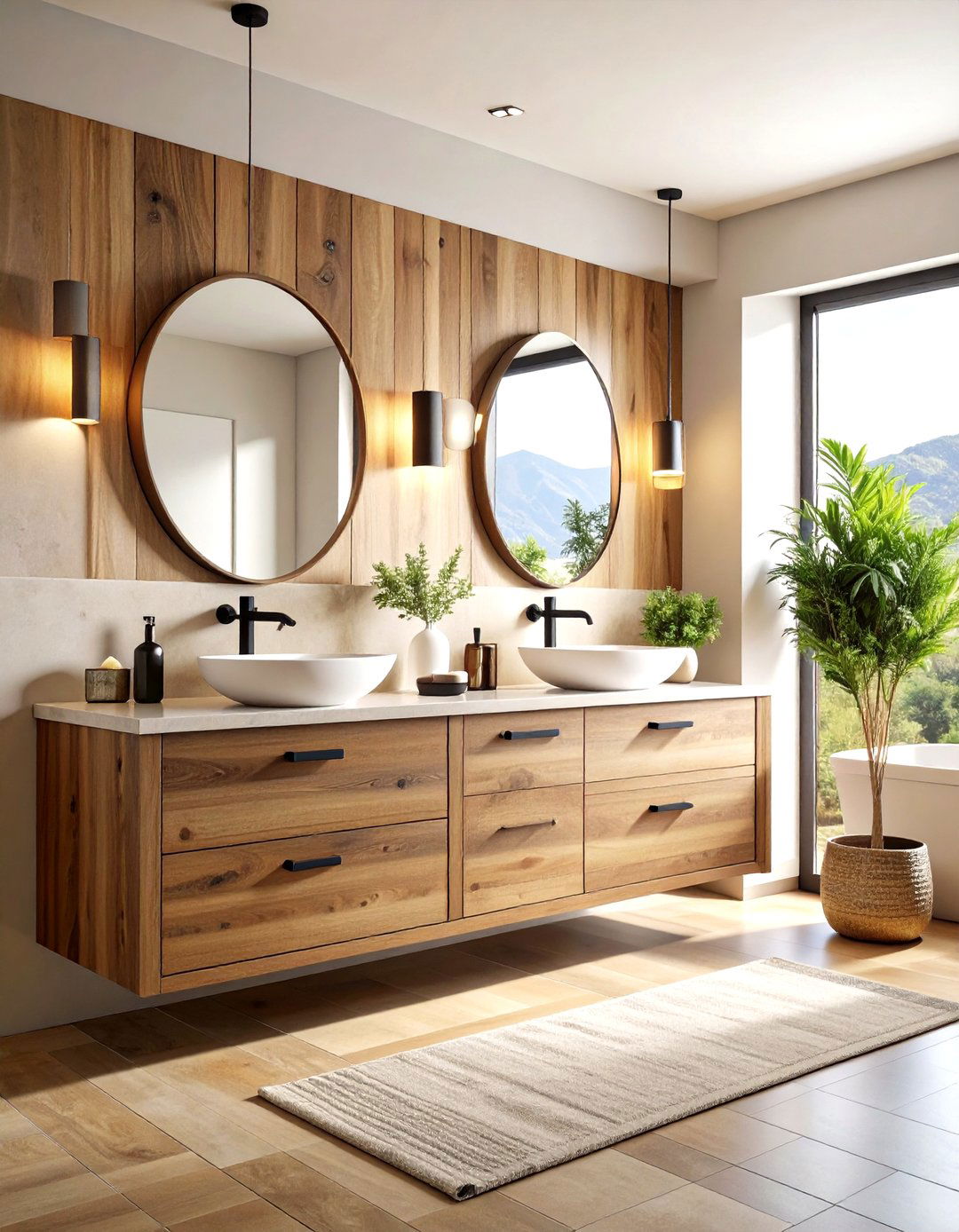 Rustic Wood Vanity with Black Hardware - 24 brown and black bathroom ideas