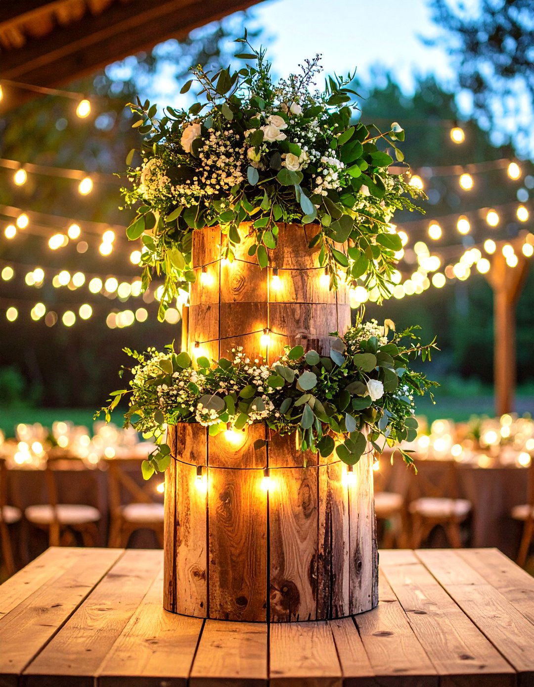 Rustic Wood and Greenery Towers - 24 Tall Wedding Centerpiece Ideas