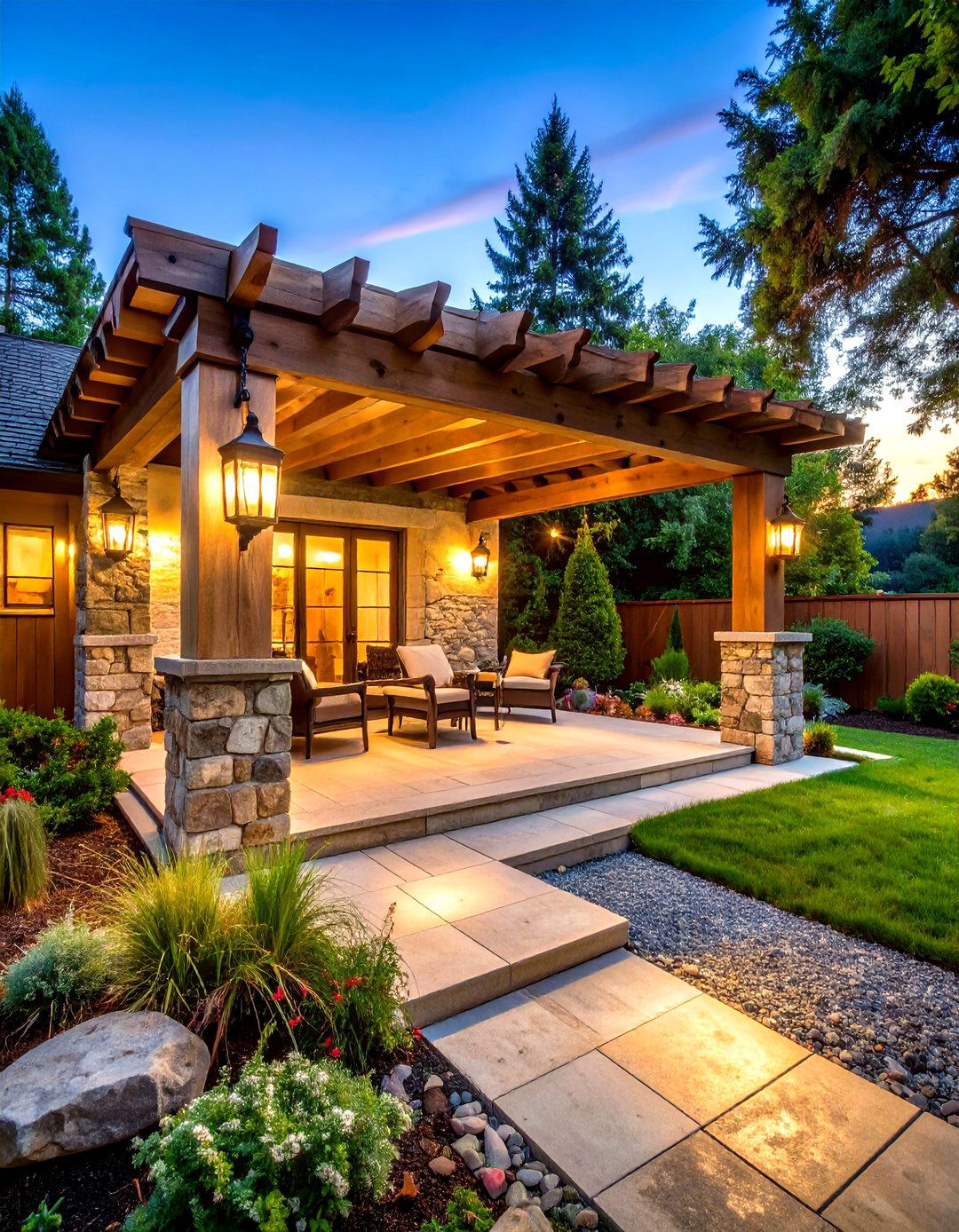 Rustic Wood and Stone Pergola Retreat - 24 Patio With a Pergola Ideas