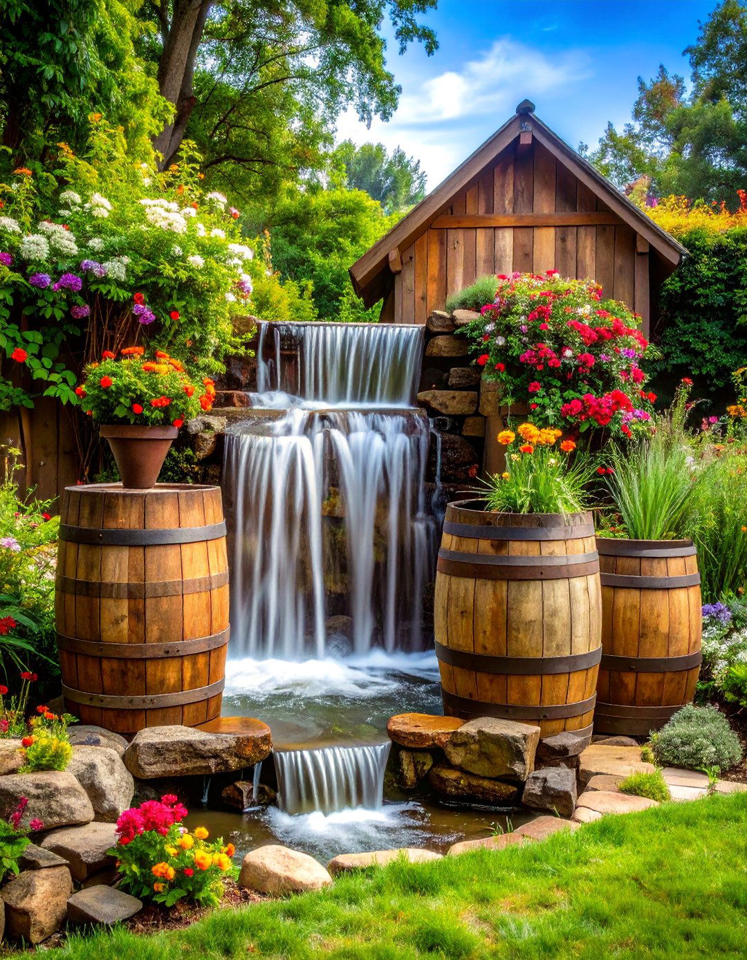 Rustic Wooden Barrel Waterfall - 24 Backyard Waterfall Ideas