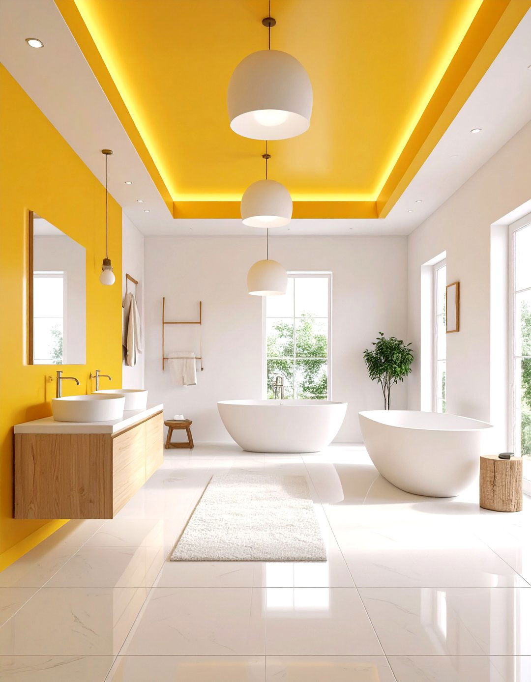 Saffron Yellow Accent Ceiling Design - 24 Yellow Bathroom Ideas