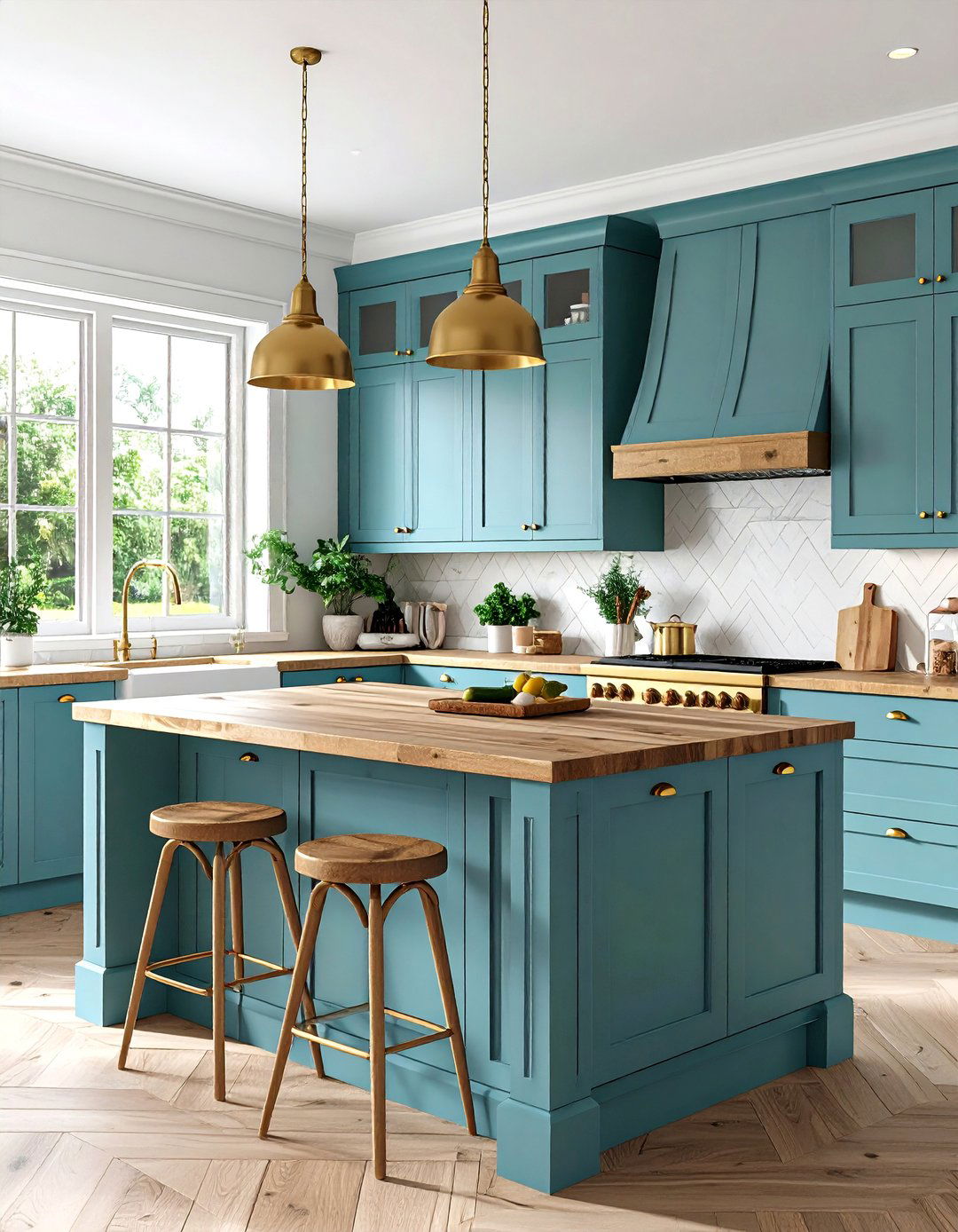 Sage Blue Cabinets with Natural Wood Countertops - 24 Blue Kitchen Ideas