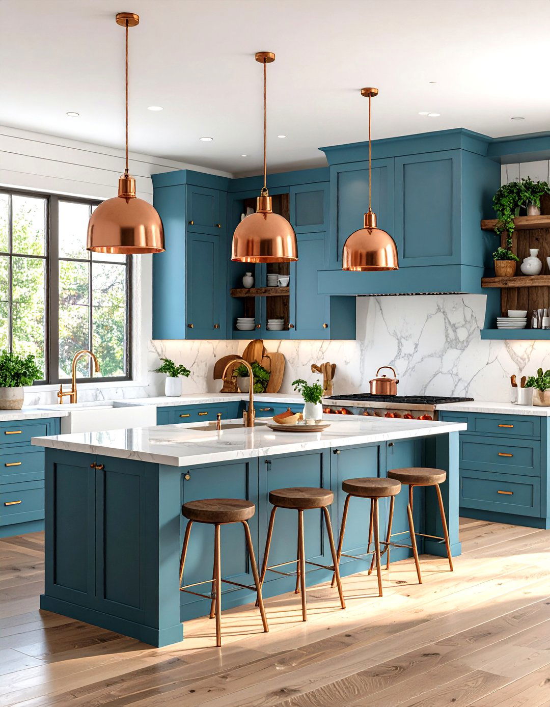 Sage Blue Farmhouse Kitchen with Copper Accents - 24 blue farmhouse kitchen cabinets