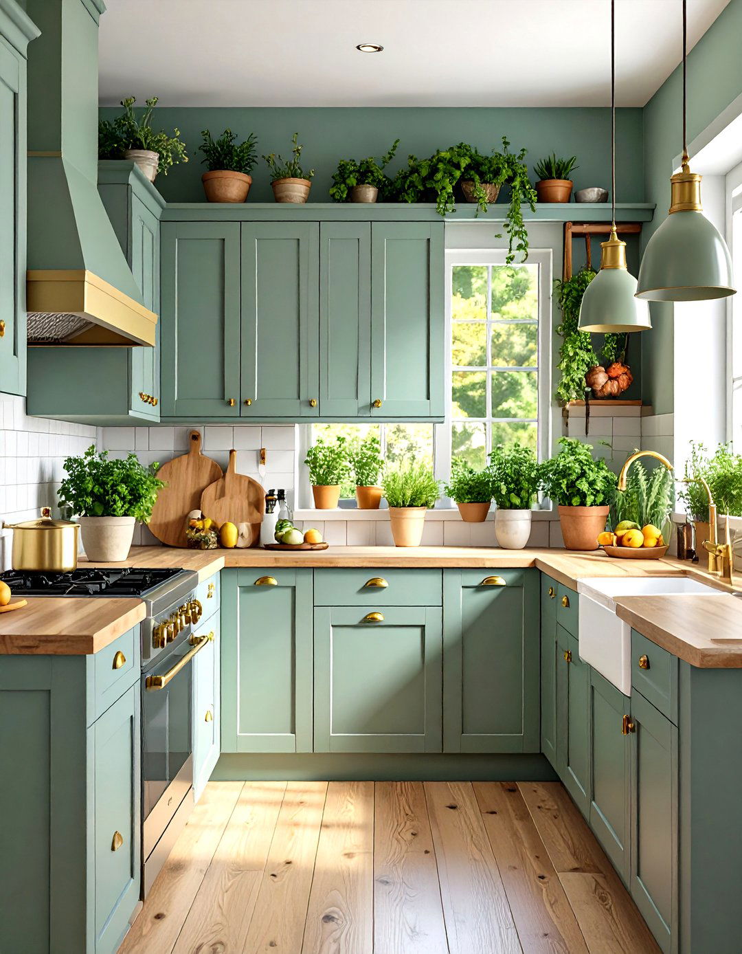 Sage Gray Cabinets with Natural Brass Hardware - 24 Farmhouse Kitchen With Gray Cabinets Ideas