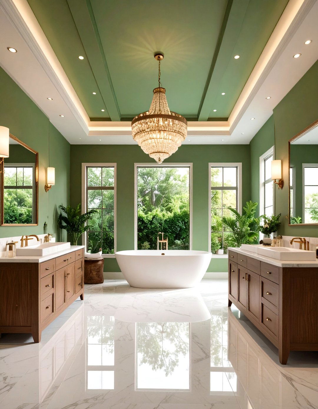 Sage Green Accent Ceiling with Cream Walls - 24 Sage Green and Cream Bathroom Ideas