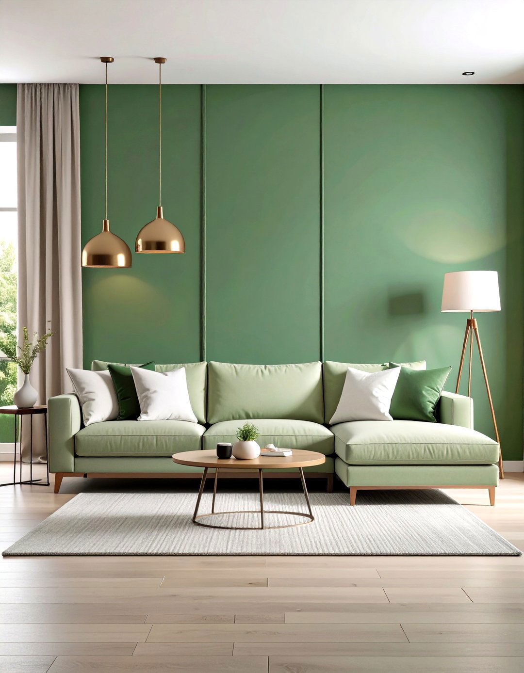 Sage Green Accent Wall in Modern Living Room - 24 Green Accent Wall Ideas
