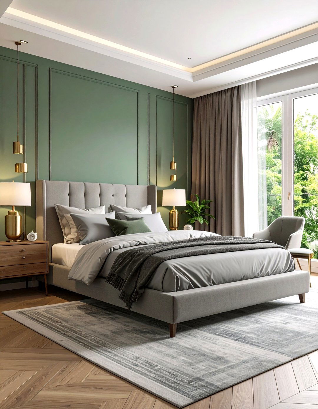Sage Green Accent Wall with Grey Bedding - 24 Sage Green and Grey Bedroom Ideas