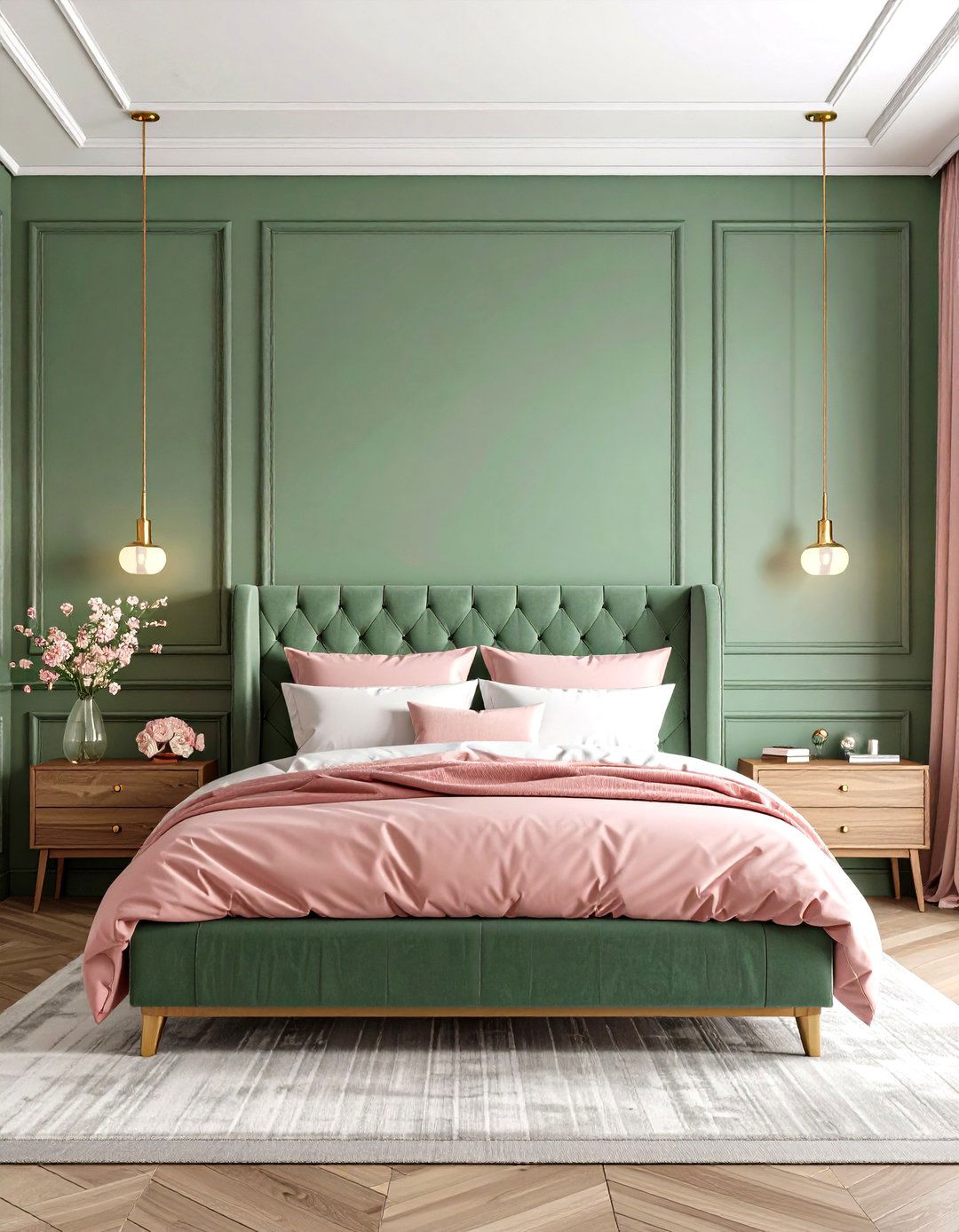Sage Green Bedroom with Pink Accent Elements - 24 Green Panelling Bedroom Ideas