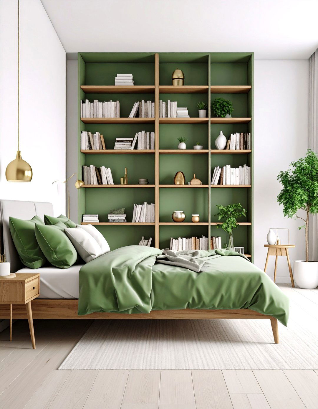 Sage Green Bookshelf Styling with Grey Seating - 24 Sage Green and Grey Bedroom Ideas