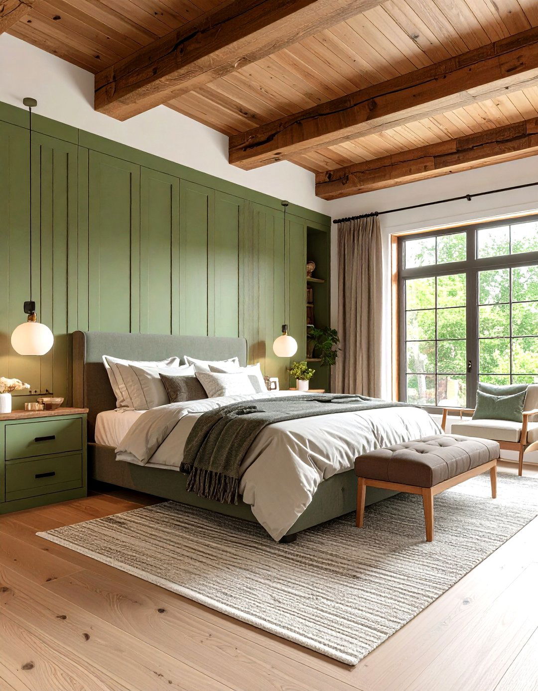 Sage Green Built ins with Rustic Brown Exposed Beams - 24 Green and Brown Bedroom Ideas