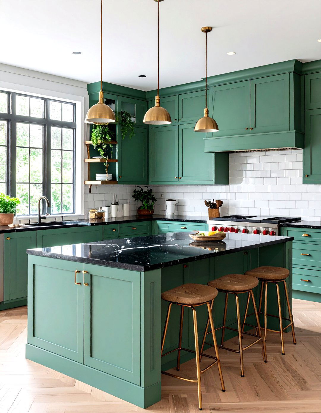 Sage Green Cabinets with Black Marble and Open Shelving - 24 Green Kitchen Cabinets With Black Countertops