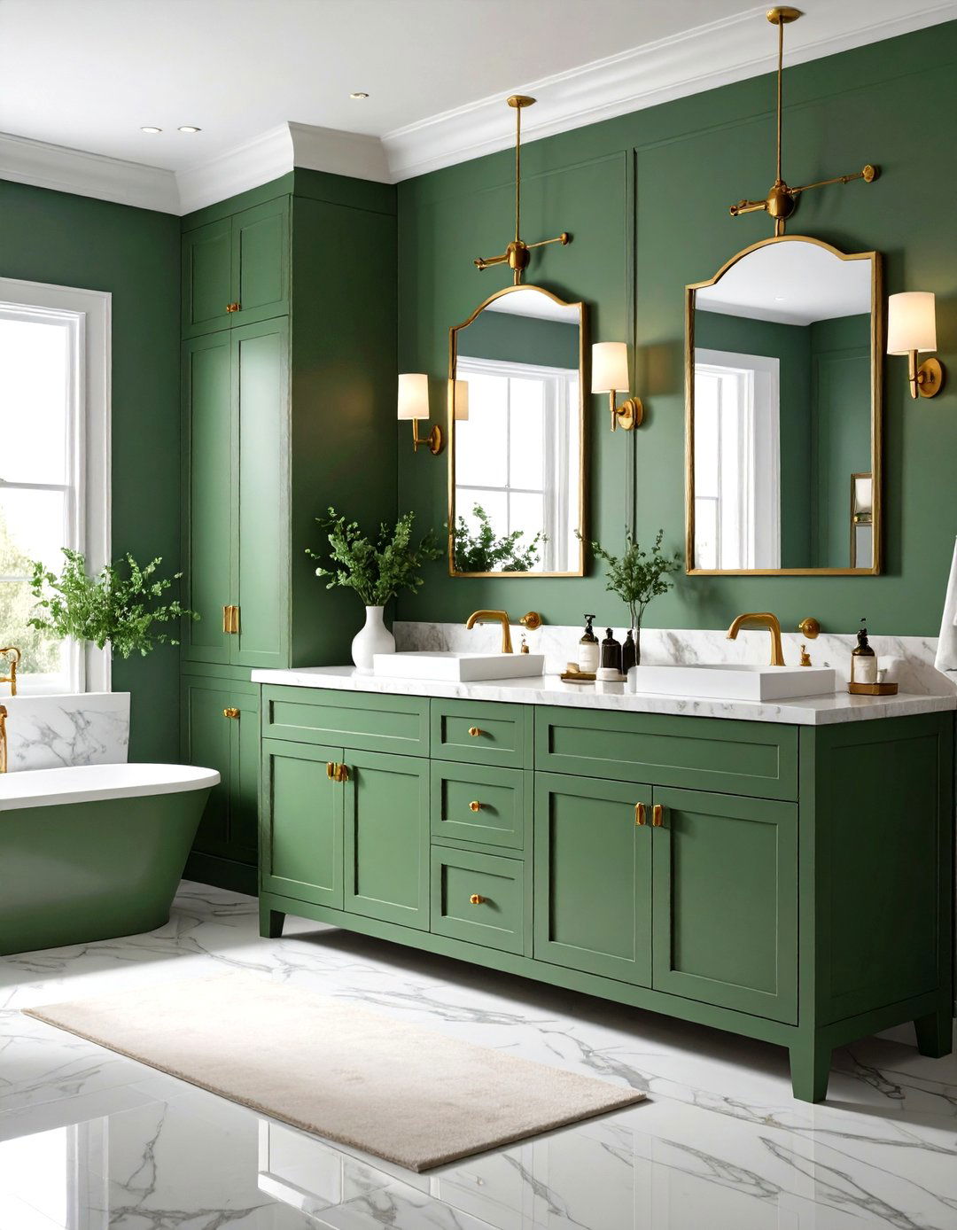 Sage Green Cabinets with Cream Marble Countertops - 24 Sage Green and Cream Bathroom Ideas