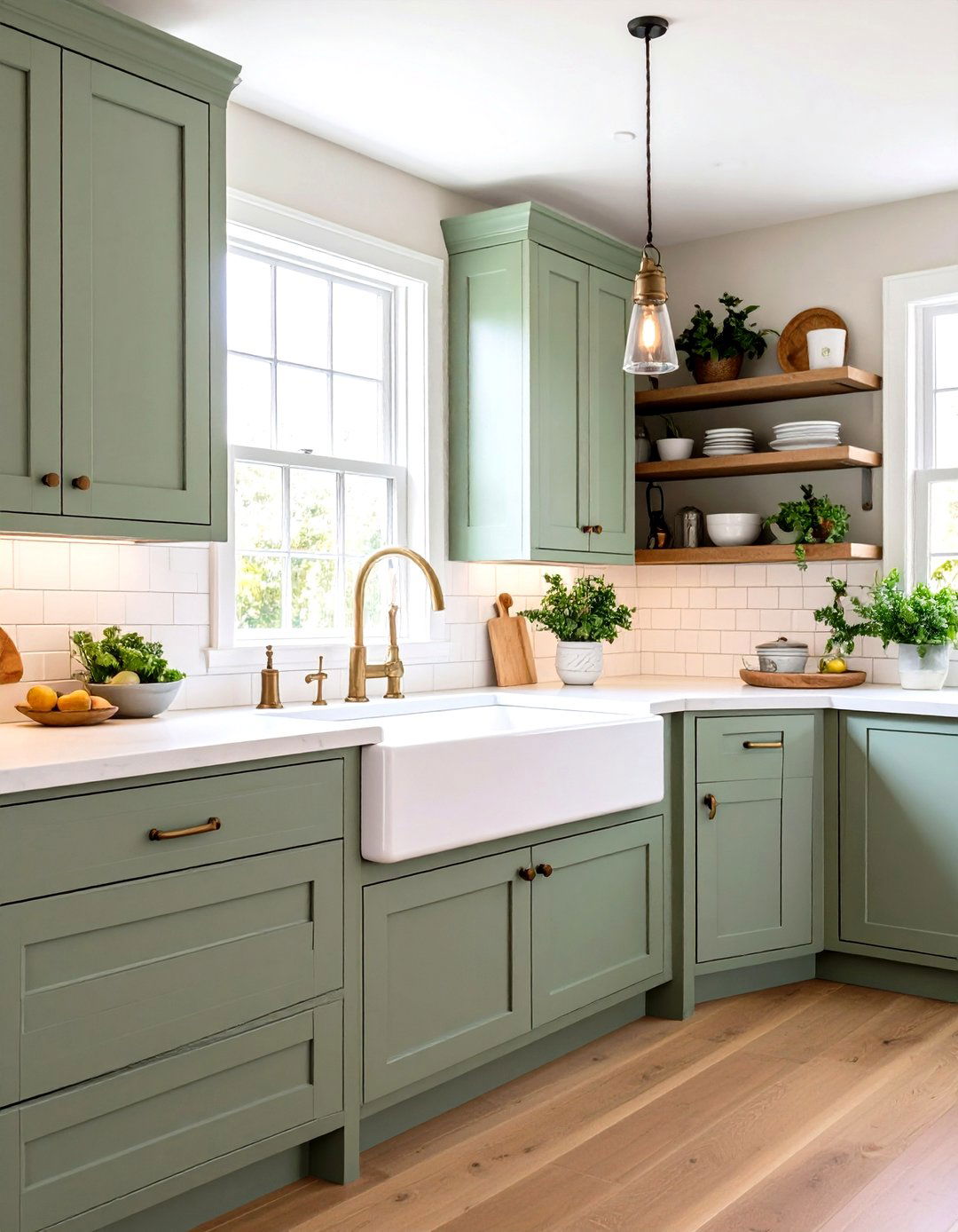 Sage Green Cabinets with Farmhouse Sink - 24 Rustic Sage Green Kitchen Cabinets