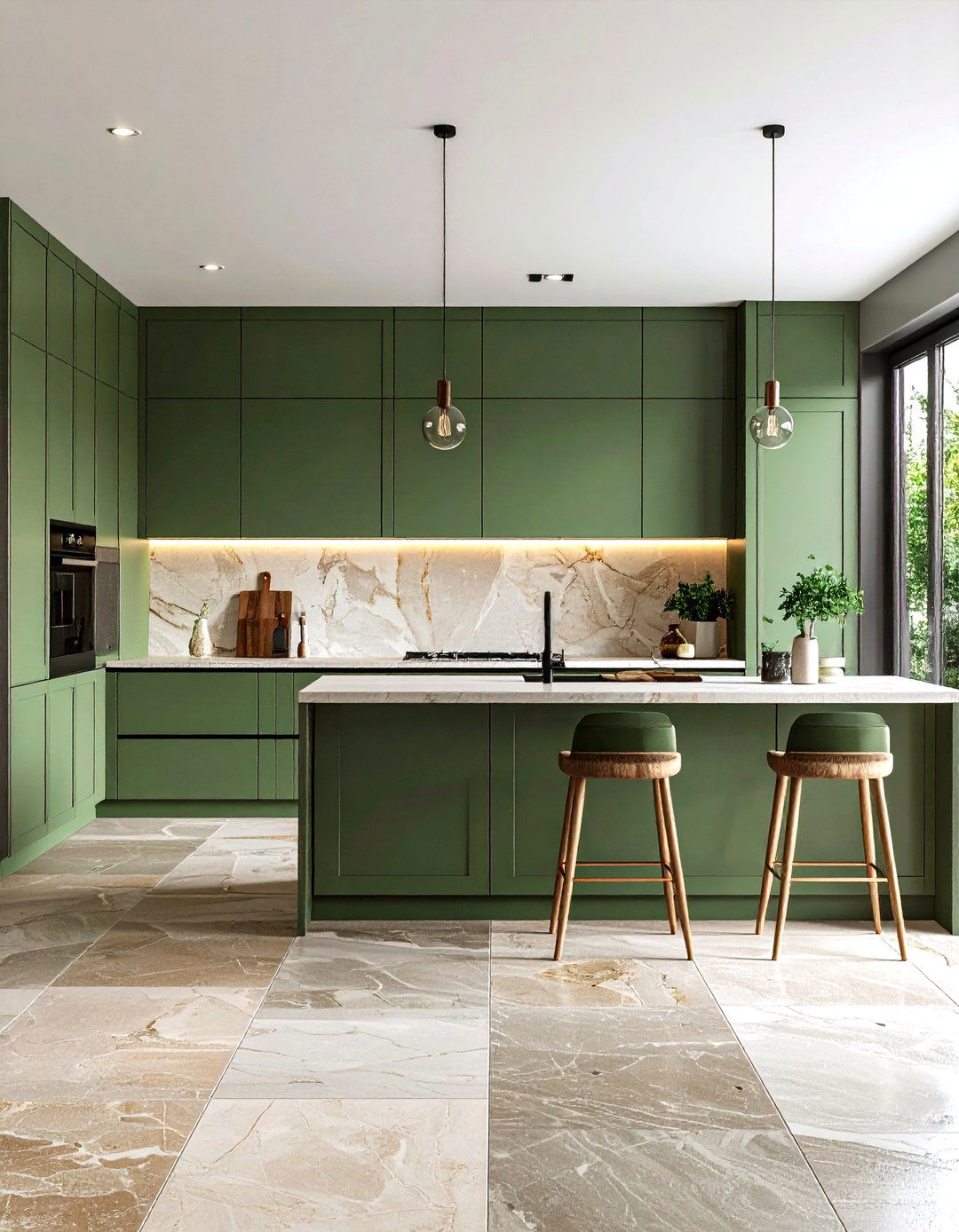 Sage Green Cabinets with Natural Stone Flooring - 24 Rustic Sage Green Kitchen Cabinets